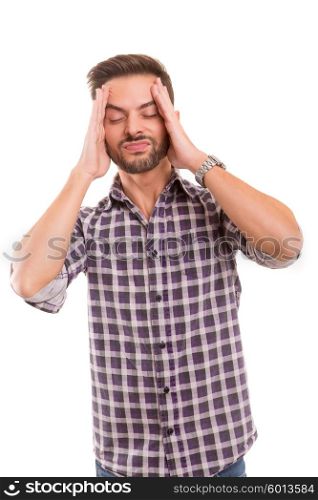 Young man with an headache, isolated over white