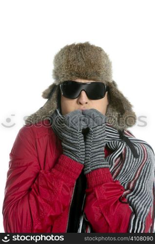 Young man with animal skin winter hat and gloves isolated on white