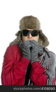 Young man with animal skin winter hat and gloves isolated on white