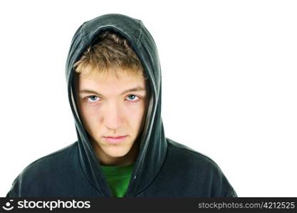 Young man with attitude wearing hoodie isolated on white background