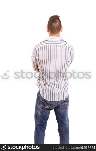 Young man with back turned to camera