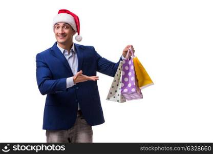 Young man with bags after christmas shopping on white background. The young man with bags after christmas shopping on white background