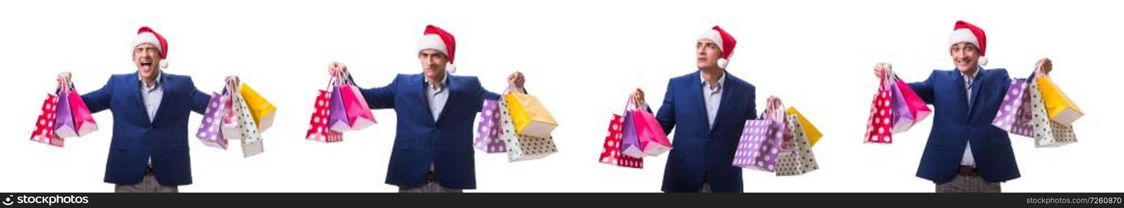 Young man with bags after christmas shopping on white background . Young man with bags after christmas shopping on white background