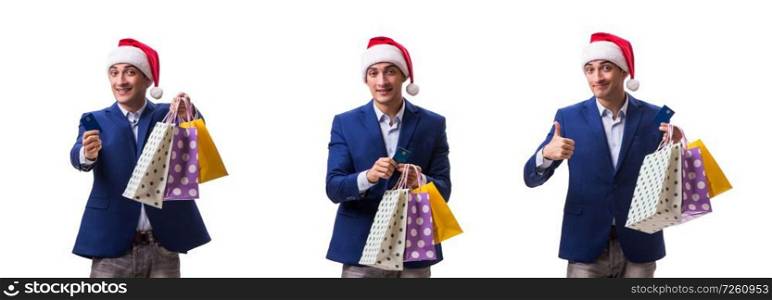Young man with bags after christmas shopping on white background . Young man with bags after christmas shopping on white background