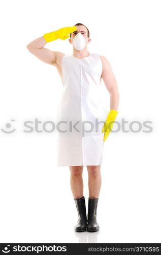 Young man with big knife over white