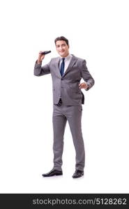 Young man with binoculars isolated on white