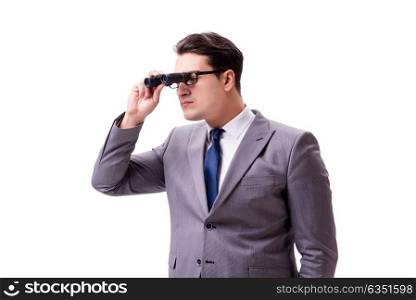 Young man with binoculars isolated on white