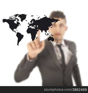 Young man with black world map isolated on white background