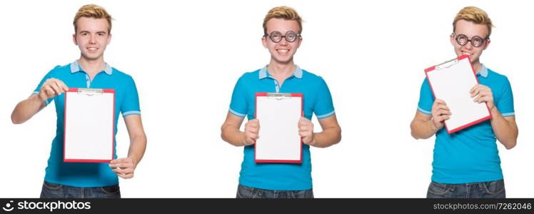 Young man with blank isolated on white 