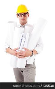 Young man with blueprints. Isolated over white.