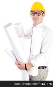 Young man with blueprints. Isolated over white.