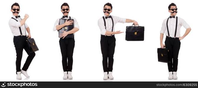 Young man with briefcase isolated on white