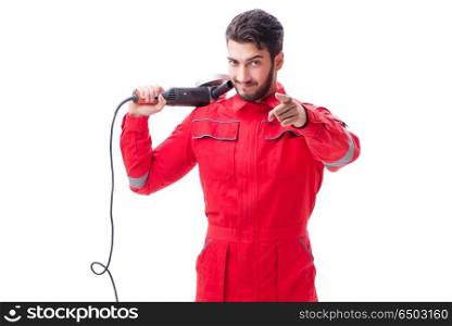 Young man with circular polisher isolated on white