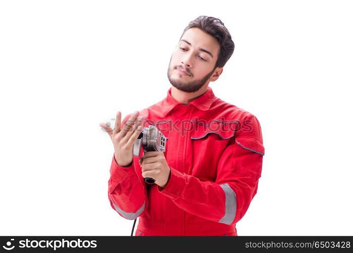 Young man with circular polisher isolated on white