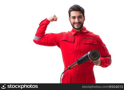 Young man with circular polisher isolated on white