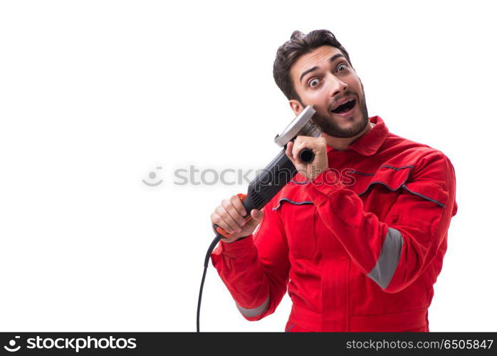 Young man with circular polisher isolated on white