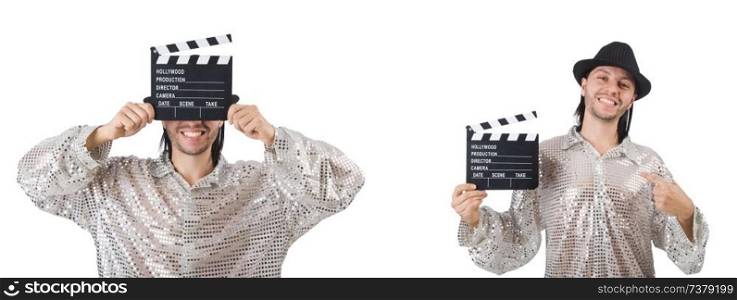 Young man with clapper-board isolated on white 