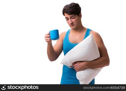 Young man with coffee cup isolated on white