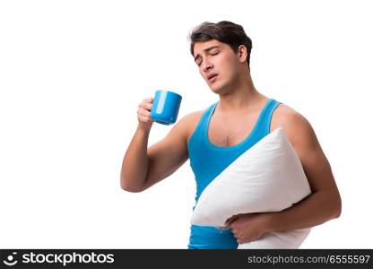 Young man with coffee cup isolated on white