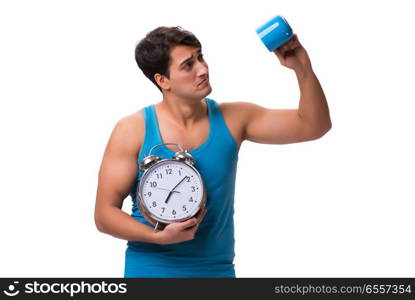 Young man with coffee cup isolated on white