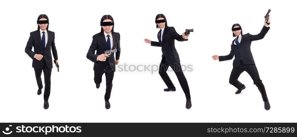 Young man with covered eyes and gun isolated on white
