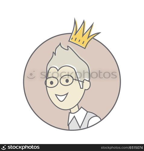 Young Man with Crown on His Head Avatar Icon. Smiling young man with crown on his head avatar icon. King icon. Prince icon. Social networks business private users avatar pictogram. Round line icon. Isolated illustration on white background.