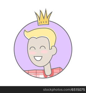 Young Man with Crown on His Head Avatar Icon. Smiling young man with crown on his head avatar icon. King icon. Prince icon. Social networks business private users avatar pictogram. Round line icon. Isolated illustration on white background.