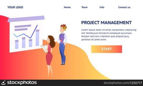 Young Man with Cup and Girl Office Employees Looking at Growing Business Analysis Financial Chart on Big Screen. Flat Vector Illustration. Horizontal Banner, Copy Space, Project Management Inscription. Office Employees Look at Growing Financial Chart