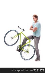 Young man with cycle isolated on white