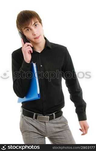 Young man with docs. Isolated over white.