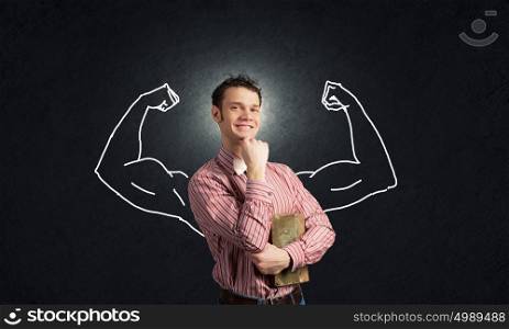 Young man with drawn strong muscular hands. Strong and powerful