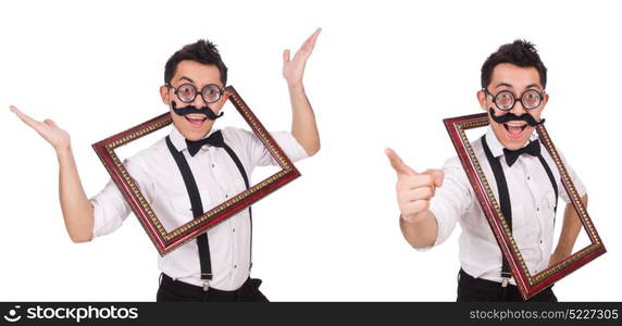 Young man with frame isolated on white