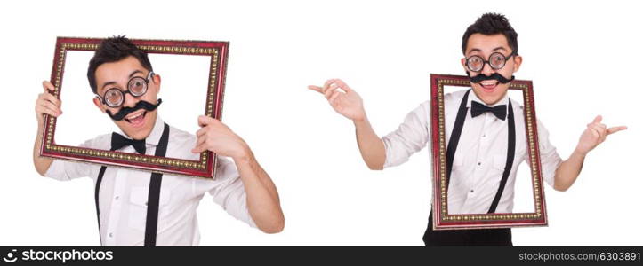 Young man with frame isolated on white