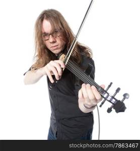 young man with glasses plays electric violin in studio against white background
