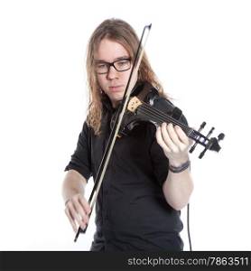 young man with glasses plays electric violin in studio against white background