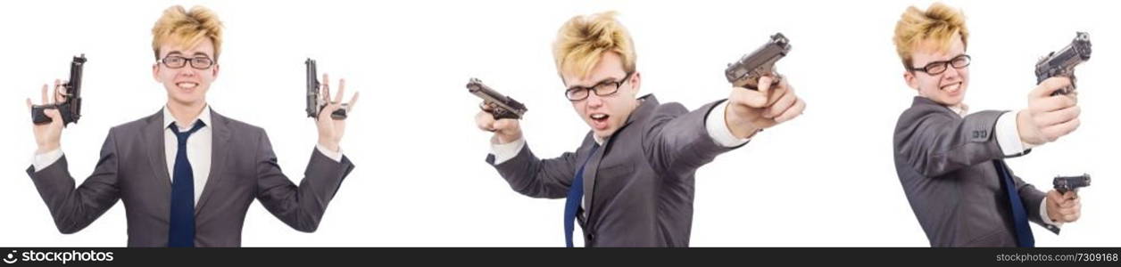 Young man with handgun isolated on white 