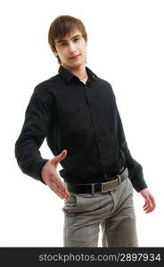 Young man with handshake. Isolated over white.