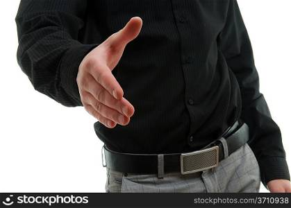 Young man with handshake. Isolated over white.