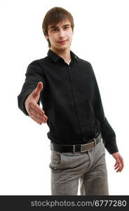 Young man with handshake. Isolated over white.