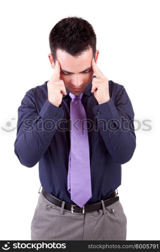 young man with headache, isolated in white background