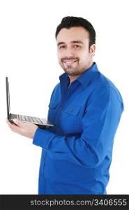 Young man with laptop, isolated on white