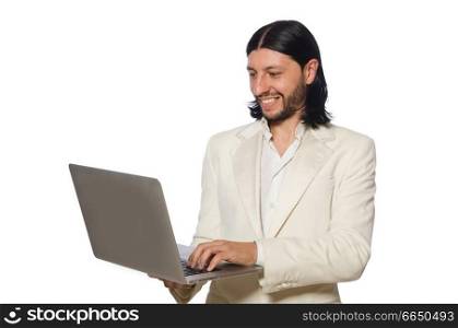 Young man with laptop isolated on white