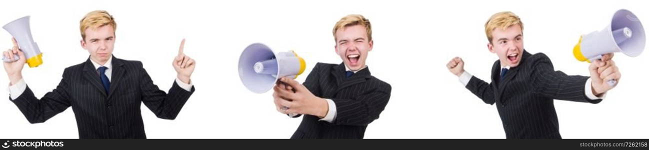 Young man with loudspeaker on white . The young man with loudspeaker on white 