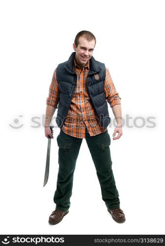 young man with machete isolated on white
