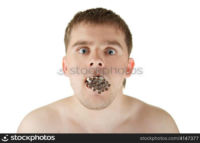 young man with many cigarettes in his mouth