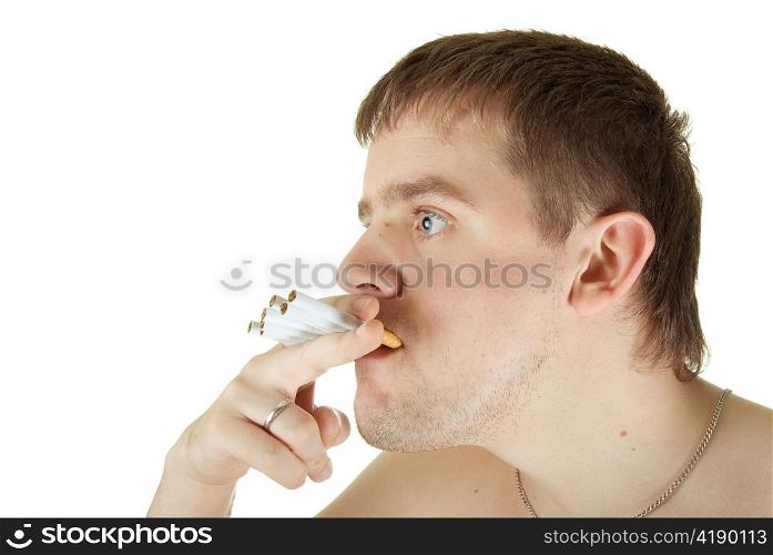 young man with many cigarettes in his mouth