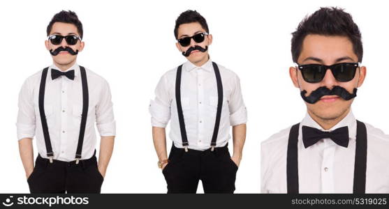 Young man with moustache isolated on white