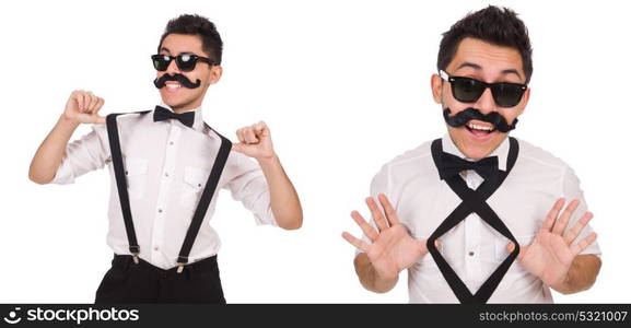 Young man with moustache isolated on white