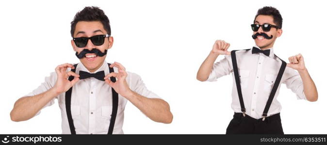 Young man with moustache isolated on white