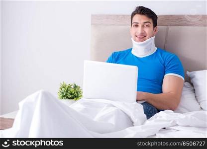 Young man with neck injury in the bed